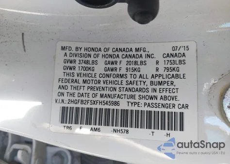 2015 Honda Civic Lx from USA, damaged, VIN 2HGFB2F5XFH545986